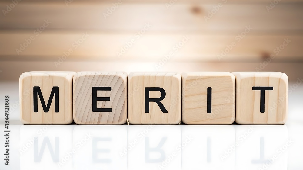 Merit Lettering Merit word spelled out on wooden blocks, symbolizing achievement and ...