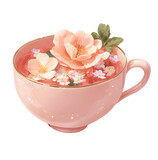 a pink cup filled with water and flowers