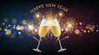© Eavil - Two champagne glasses clinking together with fireworks and bokeh lights on a dark background celebrating happy