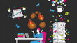 © ArtiLens - Vector Illustration of a stressed office worker juggling multiple tasks including burning deadlines, stacked paperwork, coffee, and calendar schedules on a dark background.