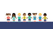 © Lyman Merrick - Diverse group of children holding hands in a line on a blue ground smiling and ready to learn together in a sunny schoolyard illustration.