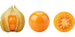 © Success Grid - Fresh cape gooseberry physalis fruit displayed with natural husk whole fruit and sliced section showing juicy orange flesh seeds and papery texture ideal for botanical and food design visuals