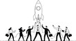 © Silent Soul - Business launch icon vector—black silhouette of team celebrating rocket liftoff for entrepreneurship, innovation, and startup success visuals