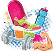 © MstSelina - Vibrant pop art vector illustration of fitness and workout essentials, featuring a dumbbell, running shoe, water bottle, and flexing arm muscle, symbolizing power, health, and dynamic gym training