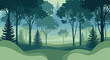 © Izzdnn - A serene layered forest landscape illustration with various green trees and rolling hills.