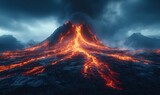 A powerful volcanic eruption with molten lava rivers flowing down the mountain under a dramatic stormy sky