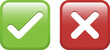 © brovkoserhii - Green check mark emoji icon and red cross mark icon, approval and denial button signs. Glossy square symbols with white tick and white X inside. Isolated vector illustration.