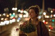 © grey - Woman standing by city lights at night holding a bouquet and smiling softly