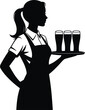 © MD. JUWEEL - Waitress silhouette carrying tray with three beer glasses woman server