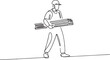 © Misho x Mamun - Carpenter carrying stack of wooden boards in continuous one line drawing. construction worker.one line  vector illustration  with out background