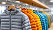 © syhin_stas - shelves with large selection of modern down jackets in sports store, retail shopping interior, winter outerwear display, active lifestyle and outdoor fashion concept
