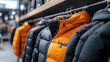 © syhin_stas - shelves with large selection of modern down jackets in sports store, retail shopping interior, winter outerwear display, active lifestyle and outdoor fashion concept