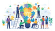 © Aeron - Diverse business team building lightbulb puzzle together. Corporate teamwork innovation collaboration concept. Creative solution strategy. Inclusive workplace inclusion disability.