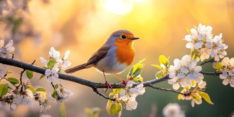 Naklejka na meble European robin perched on blooming tree branch at sunset during spring migration