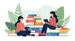© Saulius - Two young women are engrossed in reading books amidst a colorful stack of literature and lush greenery, creating a peaceful study atmosphere.