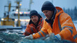 © Валентина Егоровна З - Winter industrial fishing operation with fish in net, faceless workers sorting frozen catch at snowy port, cold weather commercial fishing, defocused harbor equipment, with copy sp