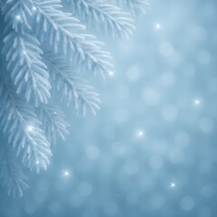 Naklejka na meble Soft Blue Winter Holiday Background with Frosted Pine Branches and Sparkling Bokeh Lights