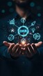 © Naz Piczz - Innovative OKR Concept with Business Icons Displayed Above a Hand