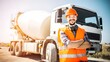 © Yanina - Happy construction worker in an orange vest and helmet. Concrete mixer truck driver smiling at a building site.