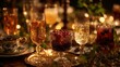 © Nott - Elegant festive drinks table arranged with assorted glassware filled with sparkling beverages, illuminated by soft warm lighting that creates a cozy holiday atmosphere, clean balanced composition