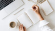 © Emilio - Person writing goals in planner on desk with laptop and coffee. Planning, productivity and organization concept. New year resolutions focused on goals, motivation, start and personal growth