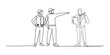 © skilleddesigner90 - Top view cad drawing set for architectural projects, executive men standing. Manager giving instruction to builder coordinator at site meeting. Building architecture business concept.