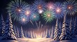 © Md - Vibrant fireworks explode over a tranquil snowy winter forest