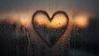 © Oleksandr - A heart is drawn in the condensation on a window, droplets of water cling to the glass. The sun rises, casting a soft, golden light through the water droplets and heart.