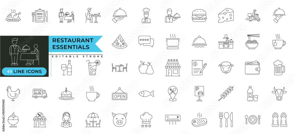 Restaurant Essentials line icons set with editable stroke featuring ...