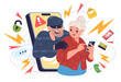 © ssstocker - Senior fraud. Old people scam victim, phone scammer online phishing cyber crime elder man personal data thief digital hacking mobile hacker cyber crime, classy vector illustration