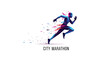 © Jannat - Dynamic logo or illustration of a running man in a geometric style, dissolving into particles for a city marathon event.