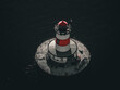 © Amazing Aerial - Aerial view of a vibrant red and white lighthouse standing proudly on a circular platform amidst the dark, tranquil sea, Fall River, Massachusetts, United States.