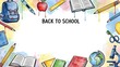 © Yuliia - Back to school watercolor frame with educational supplies, books, backpack, apple and stationery items on white background for student design projects.