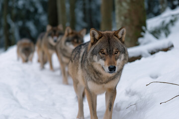  A striking image of a pack of wolves moving through a snowy forest, illustrating their strength, unity, and the serene beauty of a winter landscape.
