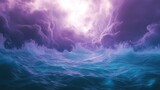 Ocean waves churn, reflecting dynamic purple and blue hues from a powerful storm with intense light breaking through menacing clouds, creating a scene of raw natural force