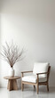 © AnastasiaStark - Minimal monochrome living room with textured white plaster wall lounge chair sculptural decor and wide negative space in a calm modern interior