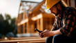 © Kateryna - Faceless thoughtful construction worker holding smartphone heavily defocused house under construction background anonymous professional sitting on steps building project