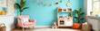 © Deborah - warm inviting wide shot kid room interior featuring bright blue wall stylish armchair colorful garland plush toys