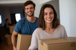 © gunzexx png and bg - A smiling couple carries moving boxes into their new home, radiating excitement and joy as they embark on a new beginning and navigate their shared life journey.