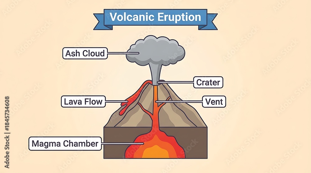 Educational diagram illustrating the anatomy and process of a volcanic ...