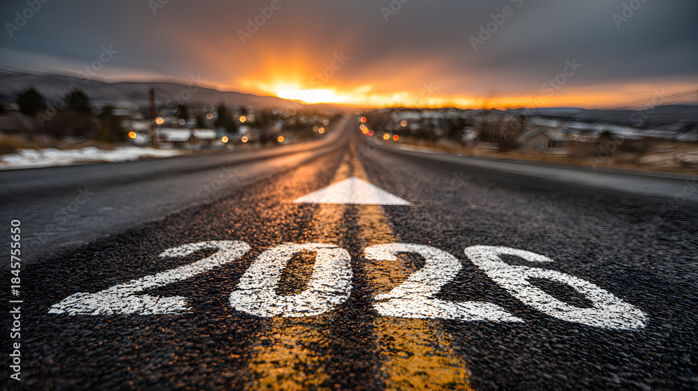 Foto de Stock Road to 2026 with an empty road with written 2026 and ...