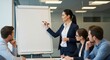 © rdkcho - Female executive presenting blank flip chart to colleagues during an office business meeting.