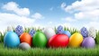 © pvl0707 - Colorful easter eggs hidden in green grass with blooming hyacinth flowers under a bright blue sky during spring celebration