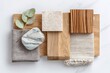 © Natalia - Minimalist luxury mood board featuring natural textures, wood samples, stone, and fabric swatches, creating an elegant interior design concept with copy space