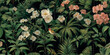 © Eli Berr - Dramatic tropical dark jungle seamless pattern with lush green foliage, pink flowers, and a small bird for fabrics, wallpapers, and home decor