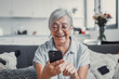 © Daniel - Elderly woman smiles while sitting on a sofa at home using her smartphone for online shopping. She enjoys a cheerful and connected lifestyle while exploring digital marketplaces.