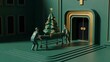 © detry26 - Two men, medical workers, transporting a Christmas tree on a stretcher into a hospital entrance. Festive holiday healthcare and winter season concept.