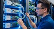 © Margarita Ratatosk - Man IT engineer installing network cables in a server rack with Wi-fi 6 equipment. Data center connection and future technology concept.