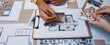 © InfiniteFlow - Close-up view of hands engaged in a collaborative design project showcasing sketches and color swatches, emphasizing creativity and teamwork in a bright, organized workspace. SACTR