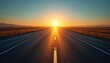 © miss irine - Empty highway leading to bright sun over horizon at dawn. Long asphalt road stretches toward sunrise, yellow grasslands border path. Scenic route for travel or business success.
